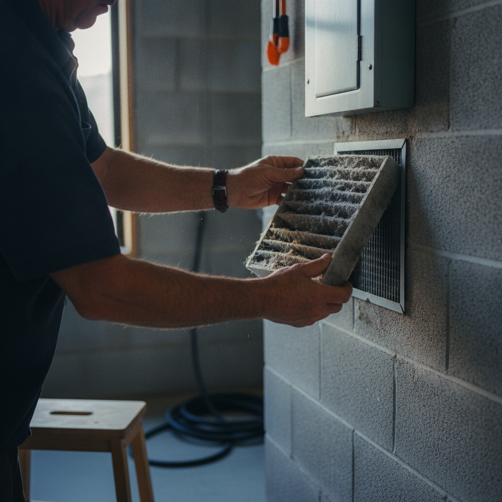 The 4-point pre-call checklist (filter, breaker, outdoor unit fan, thermostat mode) with what